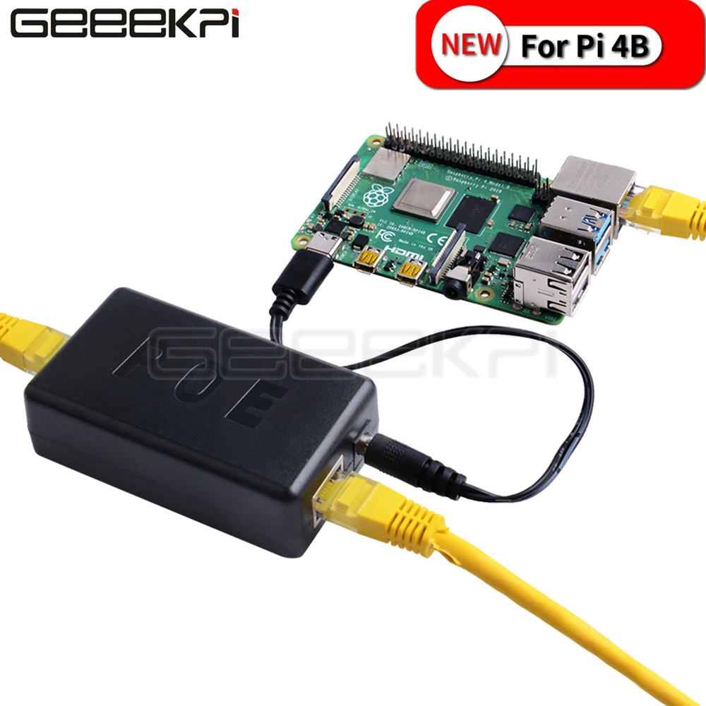

GeeekPi Gigabit Raspberry Pi 4 B / 3B+ Active PoE Splitter USB TYPE C 48V to 5V Power Over Ethernet cable PoE Switch