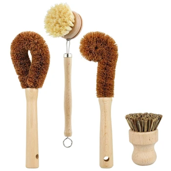 

Plant Based Cleaning Brush Set 4 Piece, Beech Wood and Coconut Bristle Wooden Pan and Pot Cleaning Brush - Bottle Brush - Dish B