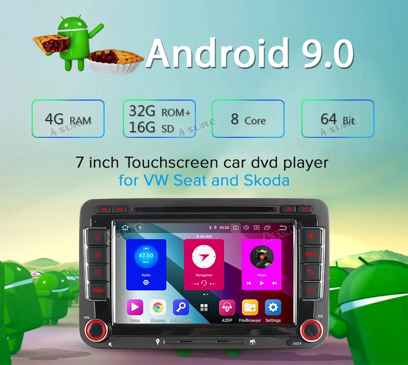 Best A-Sure 8 Core 4G RAM Android 9.0 Auto Radio GPS DVD Player For Volkswagen VW PASSAT B6 Polo Sharan TIGUAN GOLF Transport T5 Seat 5
