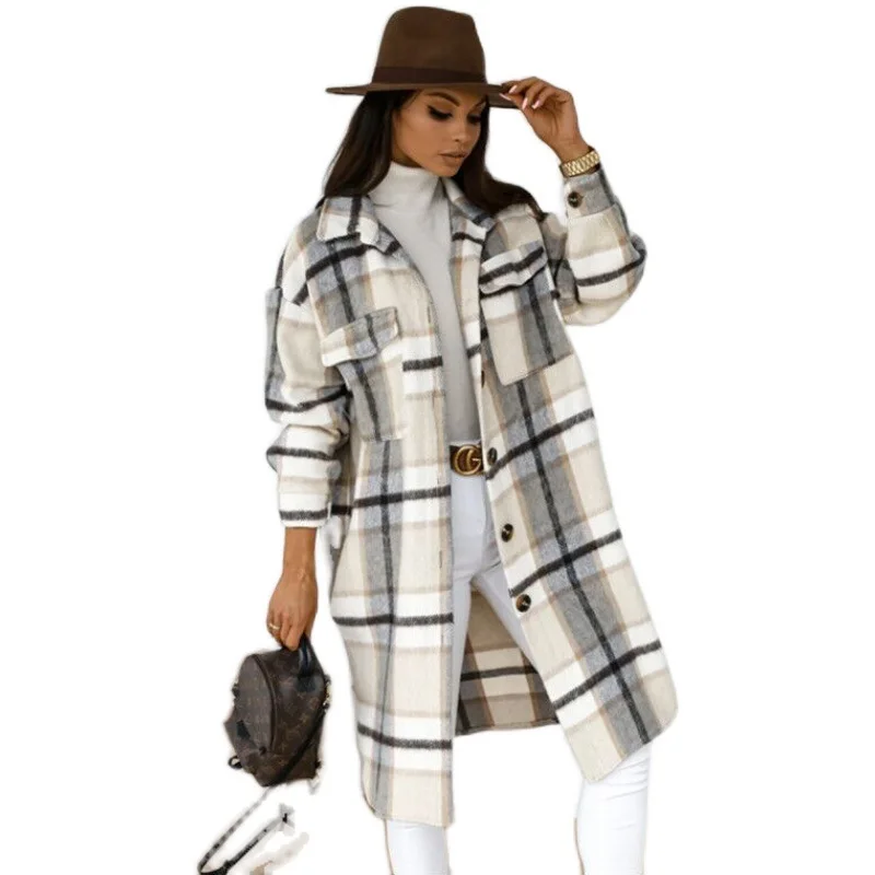 2022 Spring Long Thin Checked Women Jacket Retro Plaid Long Coat Oversized Female Streetwear Windbreaker Outfits Overcoat
