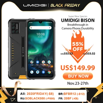 Перейти на Алиэкспресс и купить Смартфон UMIDIGI BISON IP68/IP69K защищенный, четыре камеры 48 МП, экран 6,3 дюйма FHD +, 6 ГБ + 128 Гб, NFC, Android 10