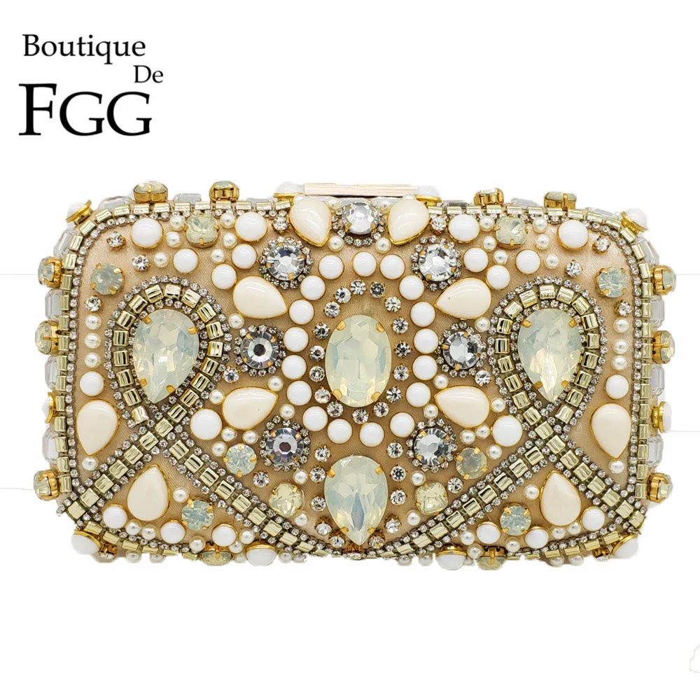 

Boutique De FGG Vintage Bridal Pearl Beaded Purse Evening Party Wedding Crystal Clutch Bags Women Rhinestone Diamond Handbags