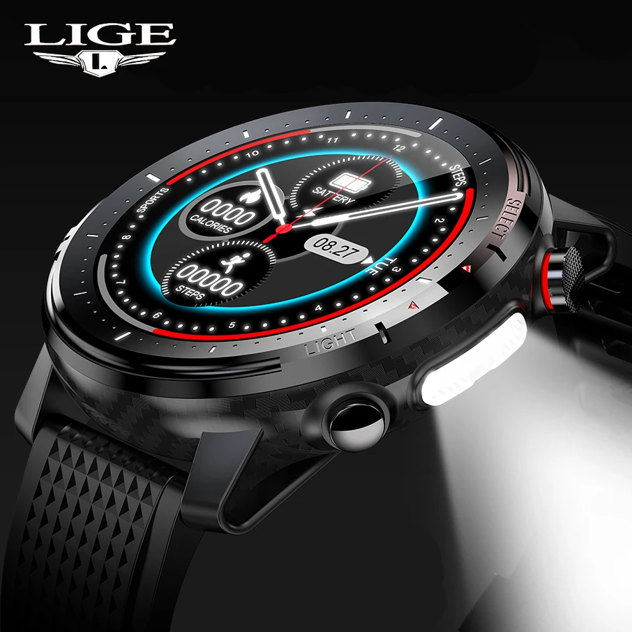 LIGE 2021 IP68 Waterproof Smart Watch Men ECG Heart Rate Blood Pressure Monitor LED Flashlight 1.3 Full Touch Screen smartwatch