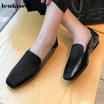 

Lenksien new black colors horsehair genuine leather flats shoes simple style fashion slip on loafers women comfortable shoes L66