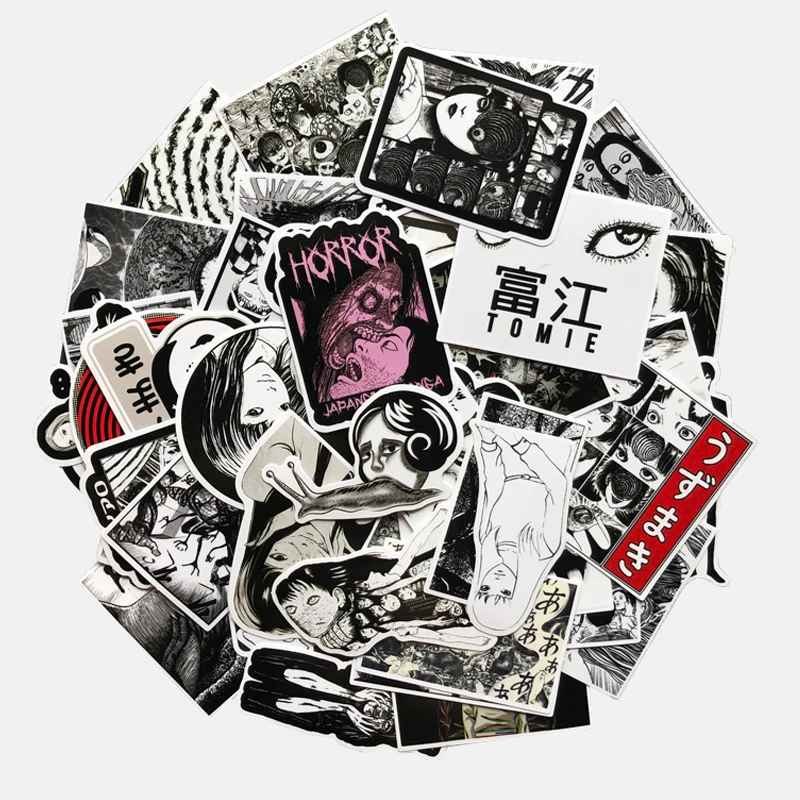 

10/21/56Pcs Horror Comic Luggage Trolley Laptop Sticker Doodle Sticker Fujiang Black and White Thriller Horror Style Toy Sticker