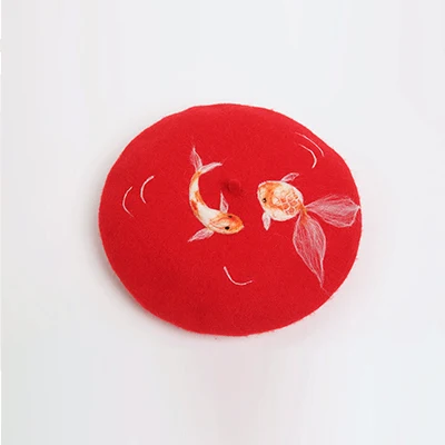 Red Однотонные шапки осень/зима женские модные шерстяные кои с принтом красные береты Женские винтажные праздничные береты рождественские шапки женские головные уборы - Цвет: Red