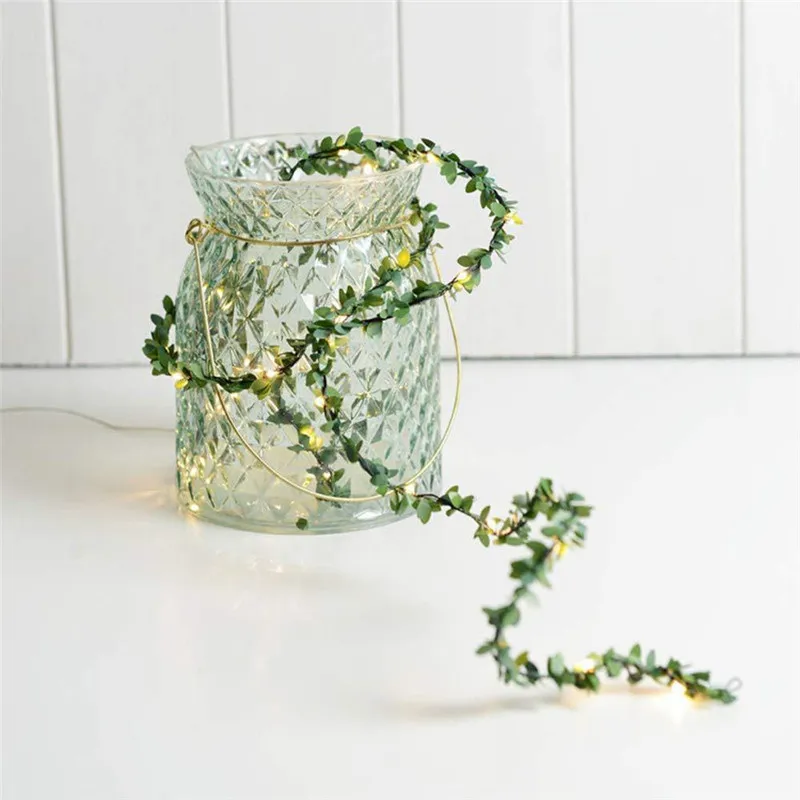 

Light-String Simulation Green Leaf Cane LED Copper String Lights Solar Battery USB Lampara Christmas Decoration Lamp DIY Wreath