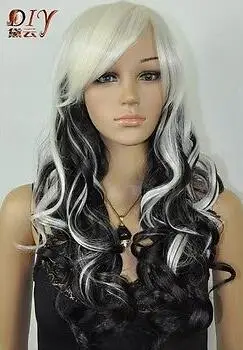 Suyushun11050++ Mulheres Loiro Clara Branco preto& Mix Longo Cabelo Ondulado Peruca Full