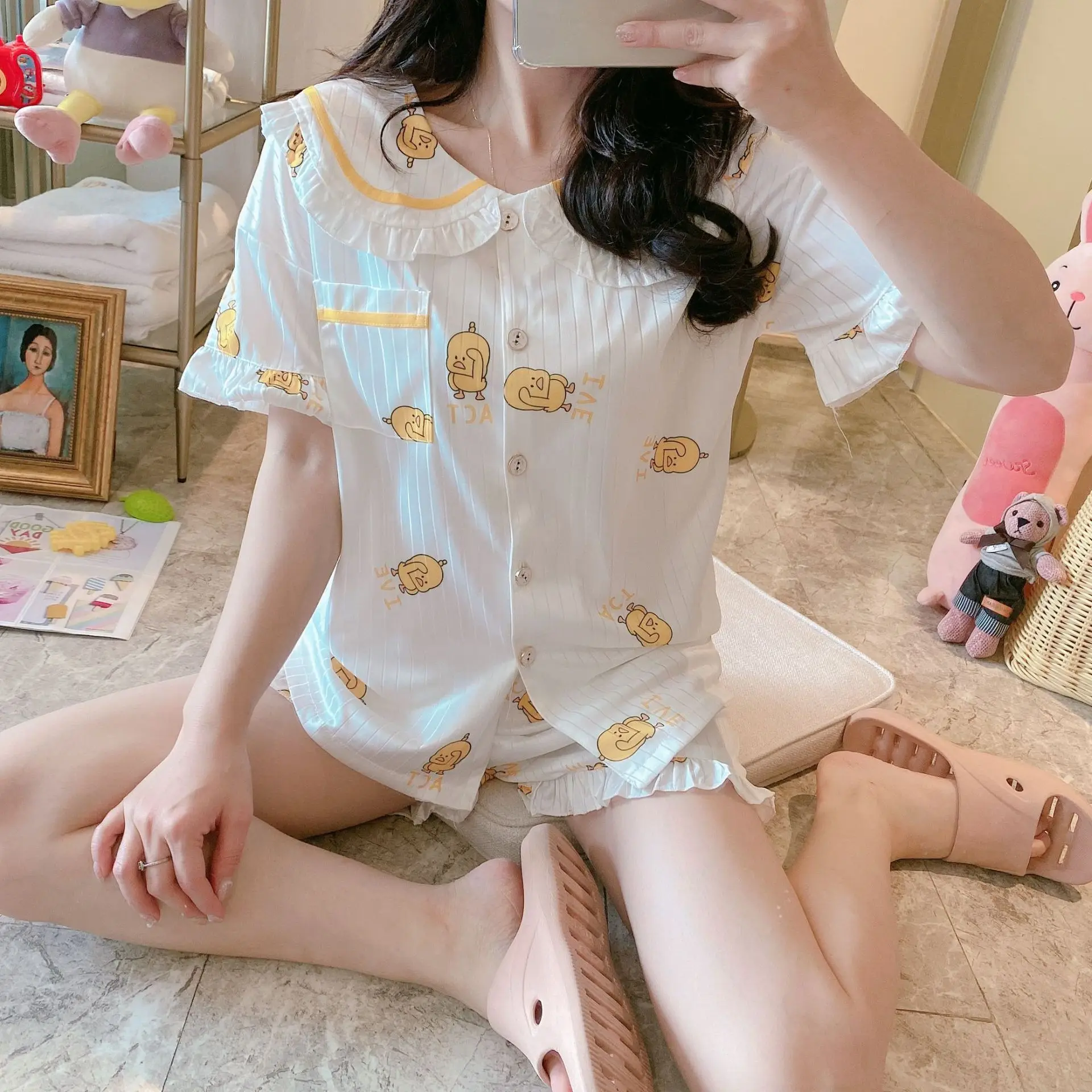 

Wechat Business huo bao kuan Princess Sweet Cardigan Short Sleeve Fold-down Collar Pajamas Women's Tracksuit Piece Zh-Pumping Se