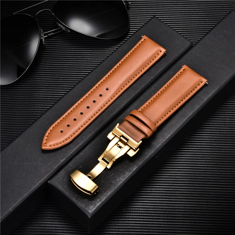 Premium Leather Watchband with Stainless Steel Butterfly Buckle