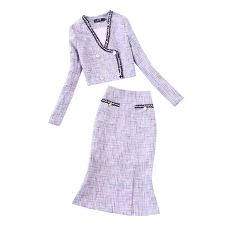 Модный клетчатый костюм женский зима/весна высококачественный кружевной шерстяной твид Топ куртка+ сумка модные с фасонным подолом юбка светло-фиолетовый комплект - Цвет: 1