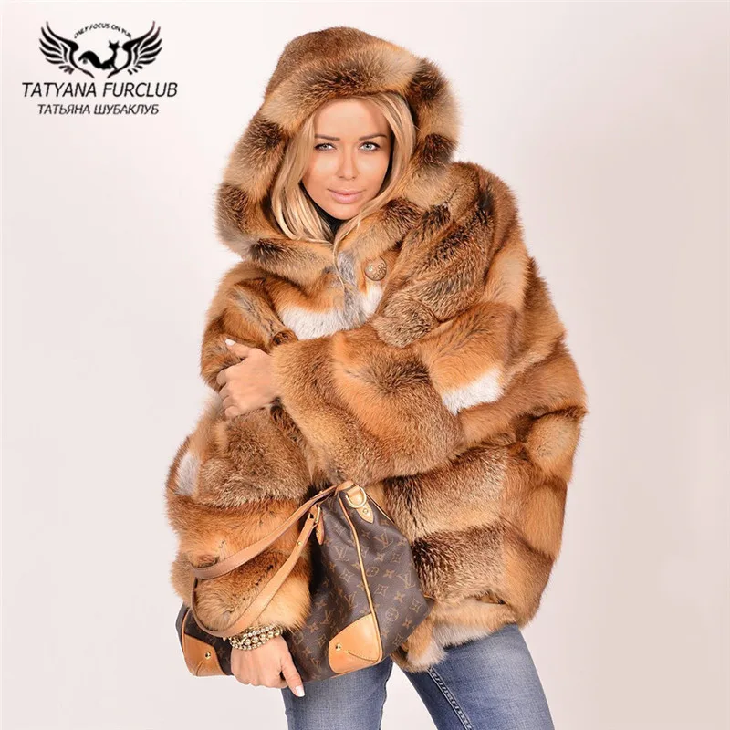 

Women Fashion Natural Red Fox Fur Coat Bat Sleeved High Quality Genuine Fox Fur Jackets With Hood Thick Warm Overcoats Plus Size
