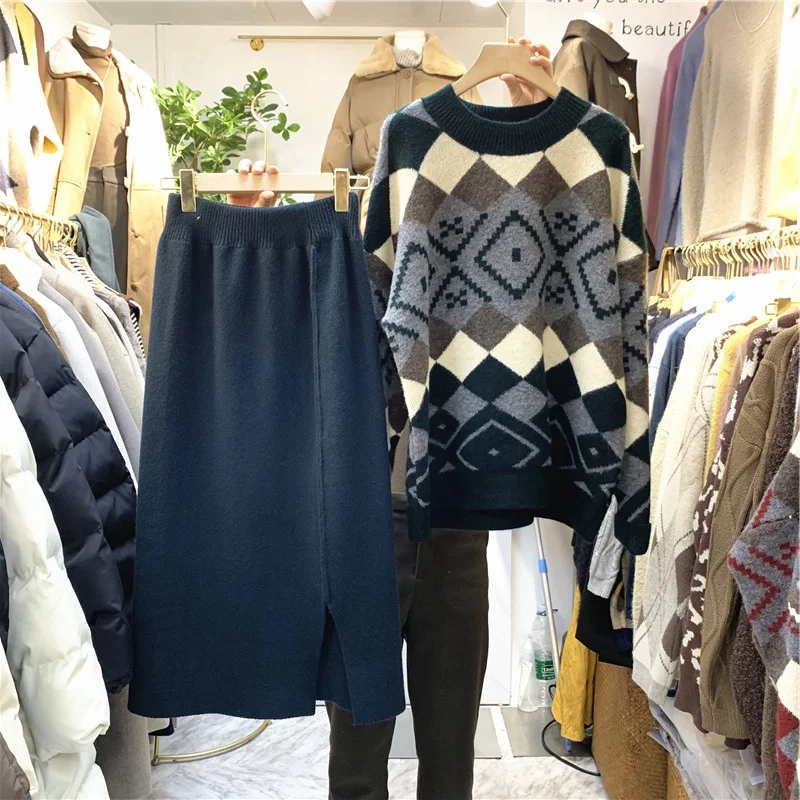 Neploe, женский свитер, юбка, Осень-зима, комплекты, Argyle, контрастный цвет, пуловер, трикотаж+ юбка с разрезом до колена, модные костюмы 56375