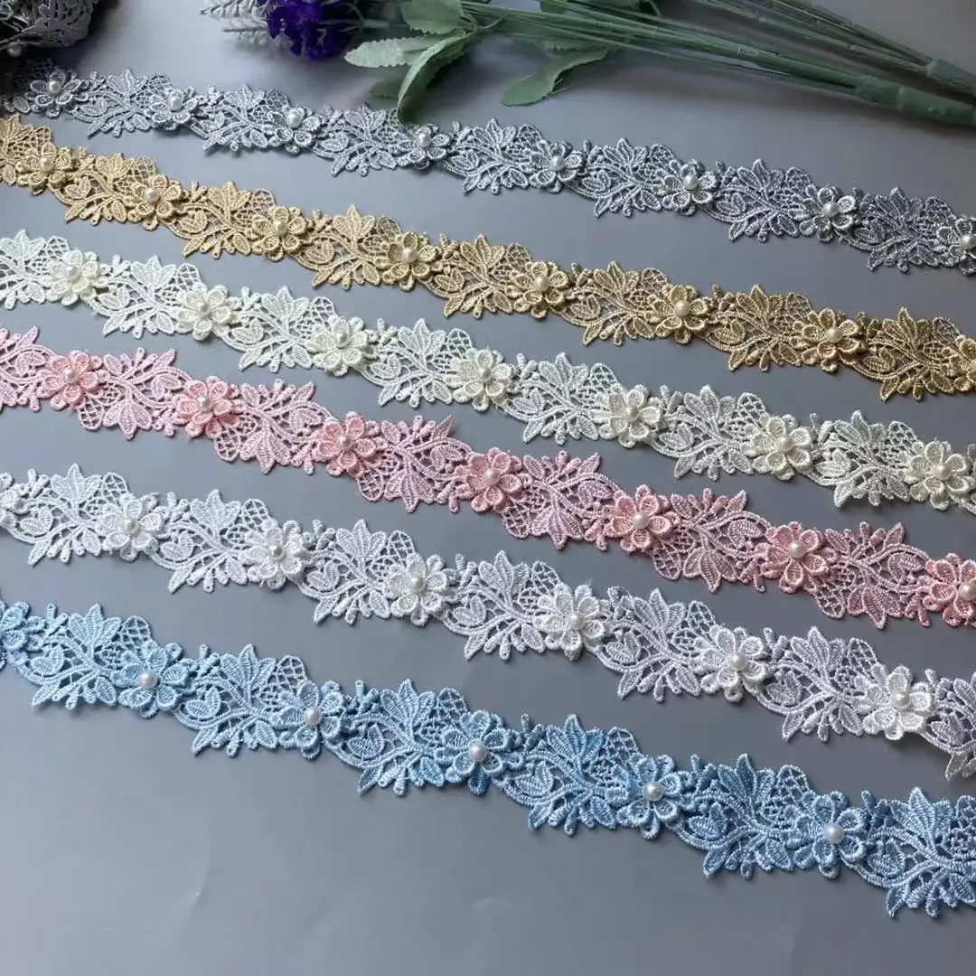 Pearl Flower Embroidered Soluble Polyester Fabric Lace Trim Ribbon Handmade DIY Sewing Craft For Costume Hat Decoration 2 Yard lace ribbon,lace fabric,lace sewing accessories,lace sewing supplies,lace accessories,lace garment accessories,lace decoration,clothing craft accessories