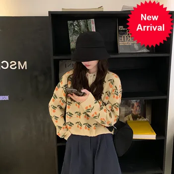 

New 2020 Spring Arrival Literary Polo Collar Friut Cherry Drawstring Long Sleeve Knitted Sweater