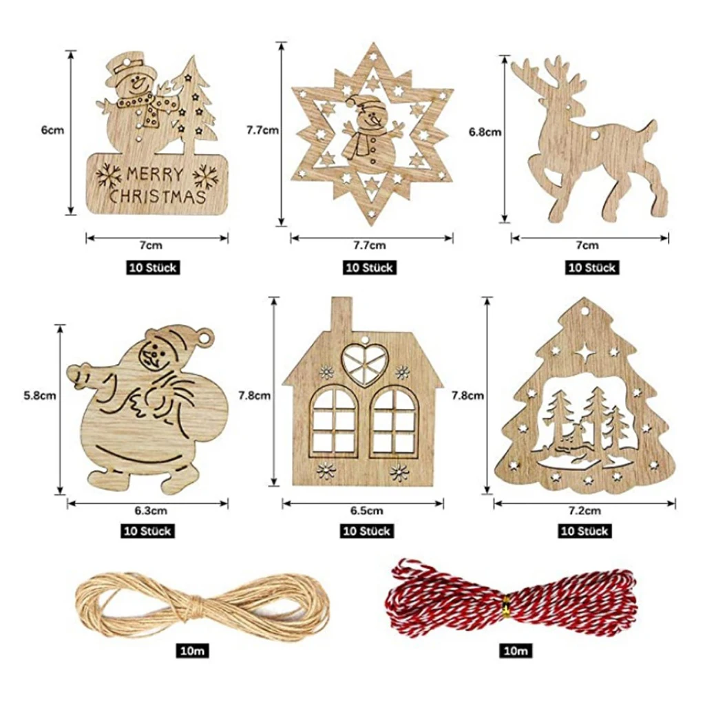 62pcs Christmas Wood Chip Tree Ornaments Xmas Hanging Pendant Decorations