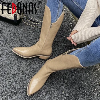 

FEDONAS 2020 Winter Shoes Woman Heels Fashion Genuine Leather High Heels Knee High Boots Side Zipper Working Women's Boots
