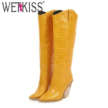 

WETKISS High Heels Wood Boots Women Knee High Western Boot Female Emboss Pu Shoes Ladies Pointed Toe Shoes Winter Big Size 48