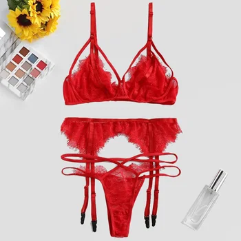 

sexy lace bra and panty set women garters push up lingerie bralette thong panties G-string underwear wire free Bra & Brief Sets
