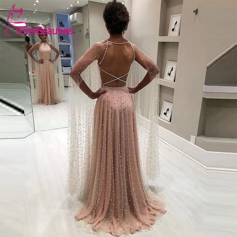 

Blush Pink Long Evening Dresses Tulle With Pearls 2019 Formal Dress Long Sleeves Abiye Gece Elbisesi