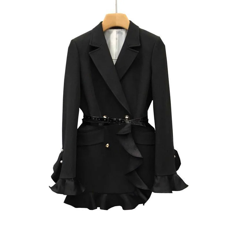Women Blazer Jacket Lotus Leaf Pearl Ladies Blazer Double Breasted Womens Blazers Long Sleeve Suit Coat Women Tops Z068