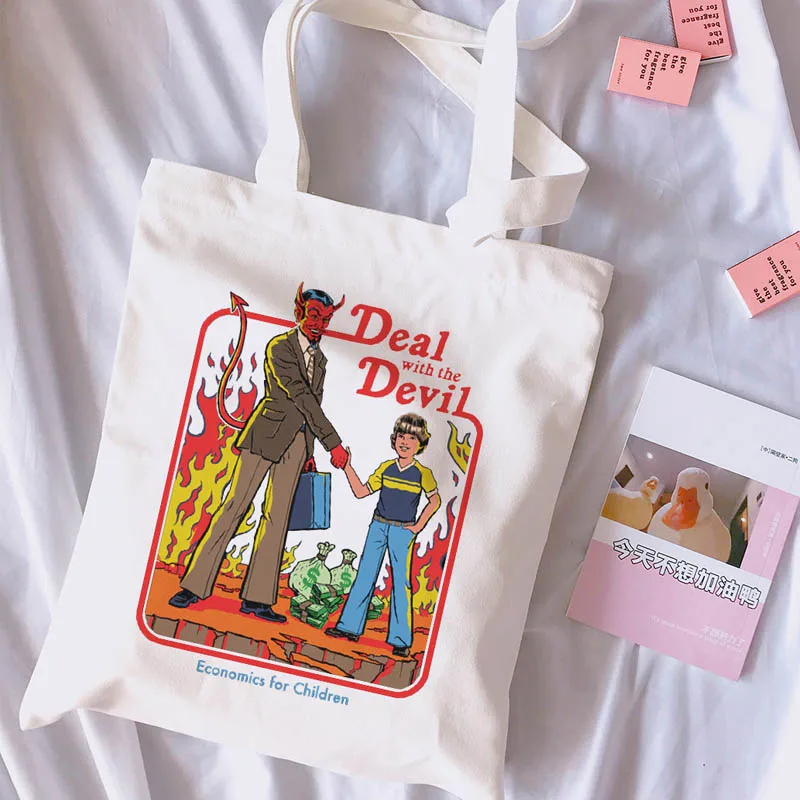 Новинка года, предложение с принтом «Дьявол», винтажная Повседневная Женская парусиновая сумка Harajuku с героями мультфильмов, летняя женская сумка на плечо, сумки сумка для покупок