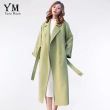 YuooMuoo Ins модное зимнее Длинное Зеленое Женское пальто Новое Элегантное Бандажное шерстяное пальто с поясом корейское Черное Женское пальто casacos
