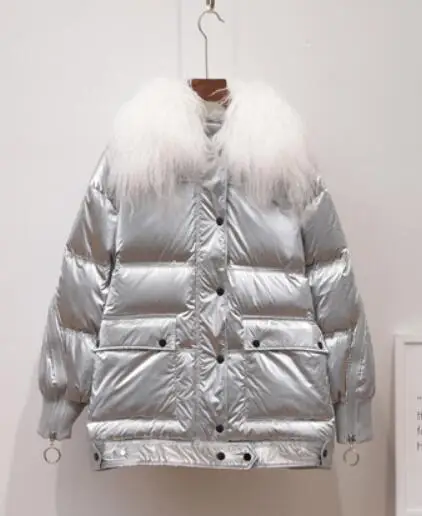 Серебристый Heydress, зимний пуховик из овечьей шерсти с меховым воротником, винтажные толстые теплые Серебристые парки, белое пуховое пальто на утином пуху, женское теплое пальто, верхняя одежда - Цвет: Серебристый