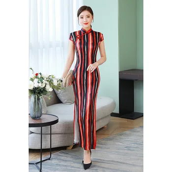 

Vertical stripes cheongsam платье женское вечернее long retro dresses slim female literary youth daily low collar dress Plussize