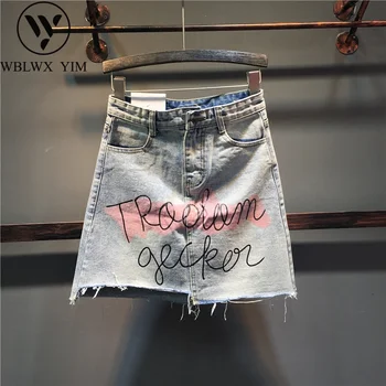 

Summer Womens High waist Denim Short Skirts Graffiti Letter print Asymmetry A-Line Jeans Skirt women Casual Plus size Mini Skirt