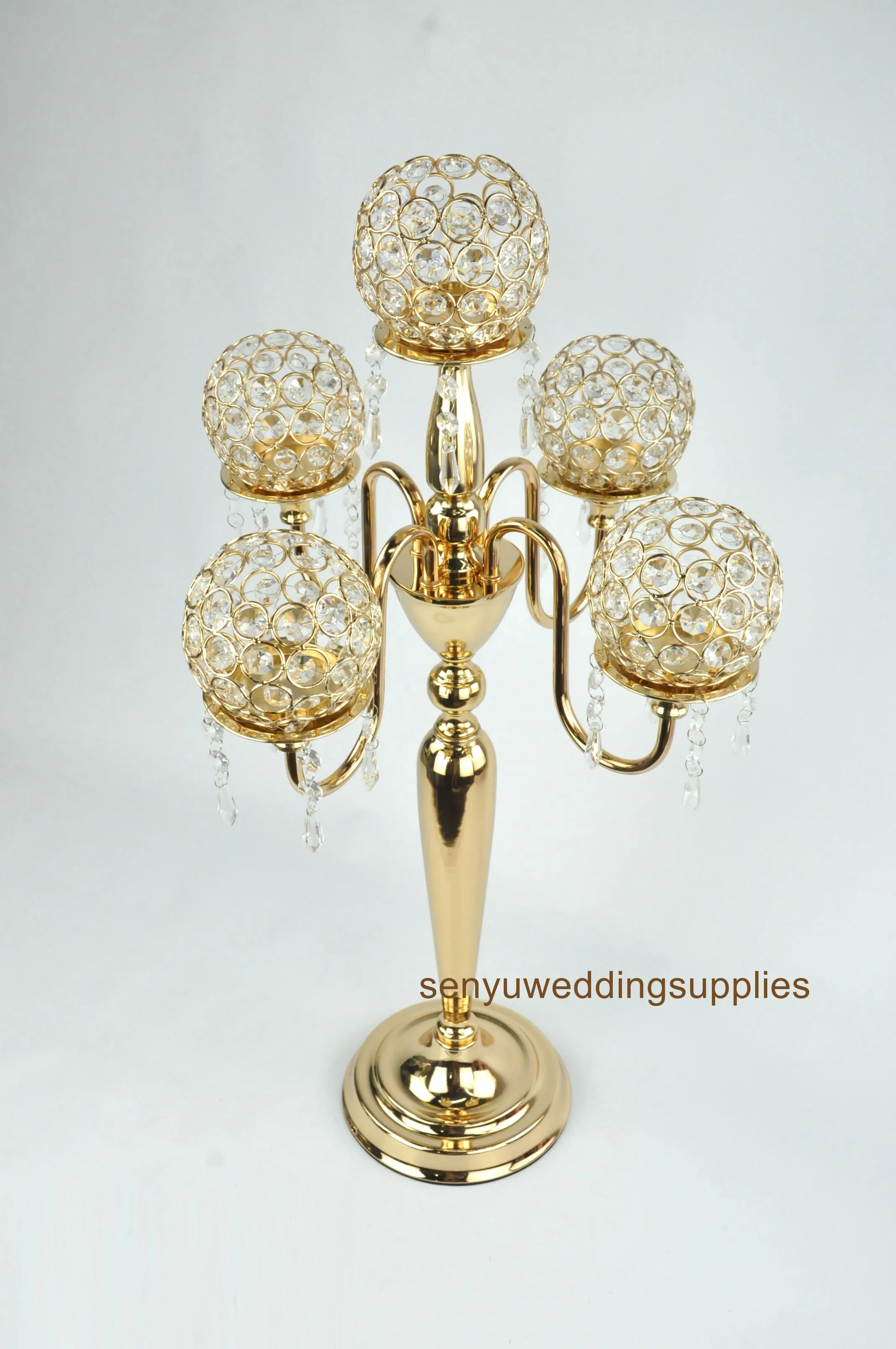 

12 pcs )Wholesale Table 5 Arms Cheap Glass Crystal Gold Candelabra Candle Holder Wedding Centerpieces senyu01300