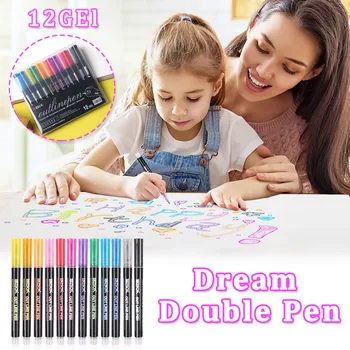 

12 Colors Highlighter Set Child Double-line Contour Pen Sparkle Metal Color Marker Water-color Brush Magische Stiften Stationery