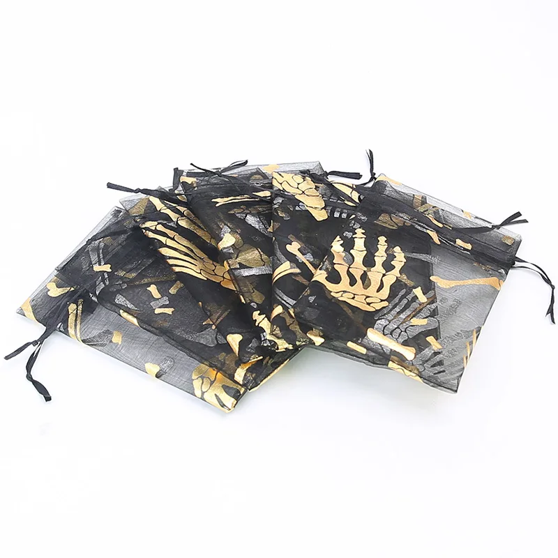 9 * 12cm Halloween Pattern organza gift bag fun horror pumpkin spider hot stamping hot drawstring bag 100pcs