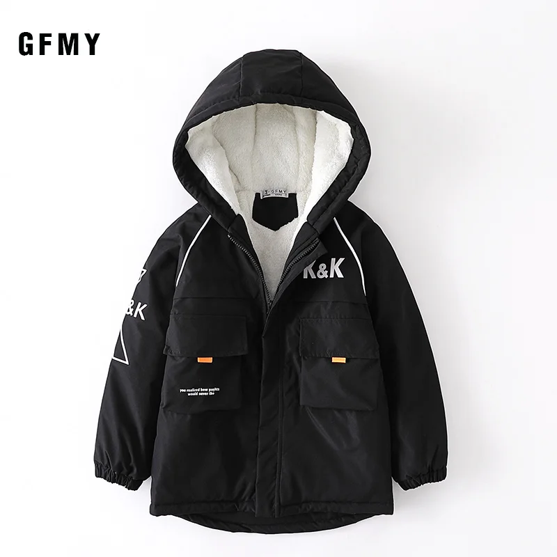 gray GFMY/зимнее хлопковое пальто с капюшоном и надписью красного, черного, зеленого цвета для мальчиков, Толстая теплая куртка с большим карманом для детей возрастом от 5 до 16 лет - Цвет: gray