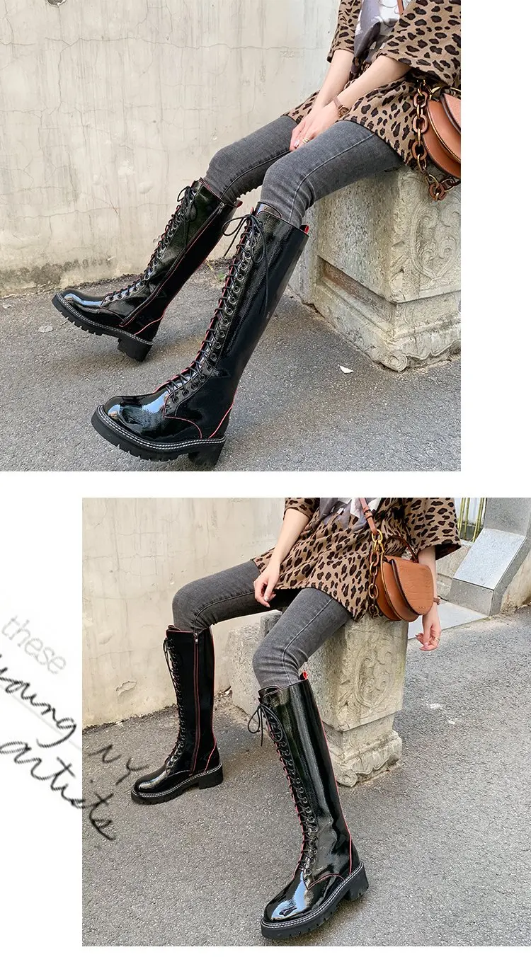 Mhysa/ г. Зимние Модные женские мотоциклетные ботинки из лакированной кожи Высокие сапоги до колена на молнии с перекрестными ремешками женская обувь с круглым носком