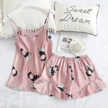 

Lovely cartoon ladies pajamas, ladies summer suspire + shorts pajamas suit, imitation silk home wear