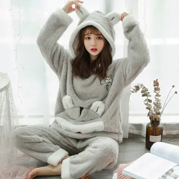 

Winter Animal Thick Women Pajamas Set Sleepwear Warm Long Sleeves Female Pyjamas Sets Pink Cute Homewear Home Suit