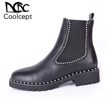 

CoolCept New Genuine Leather Women Ankle Boots Brand Rivets Winter Shoes Women British Style Boots Women Footwear Size 33-43