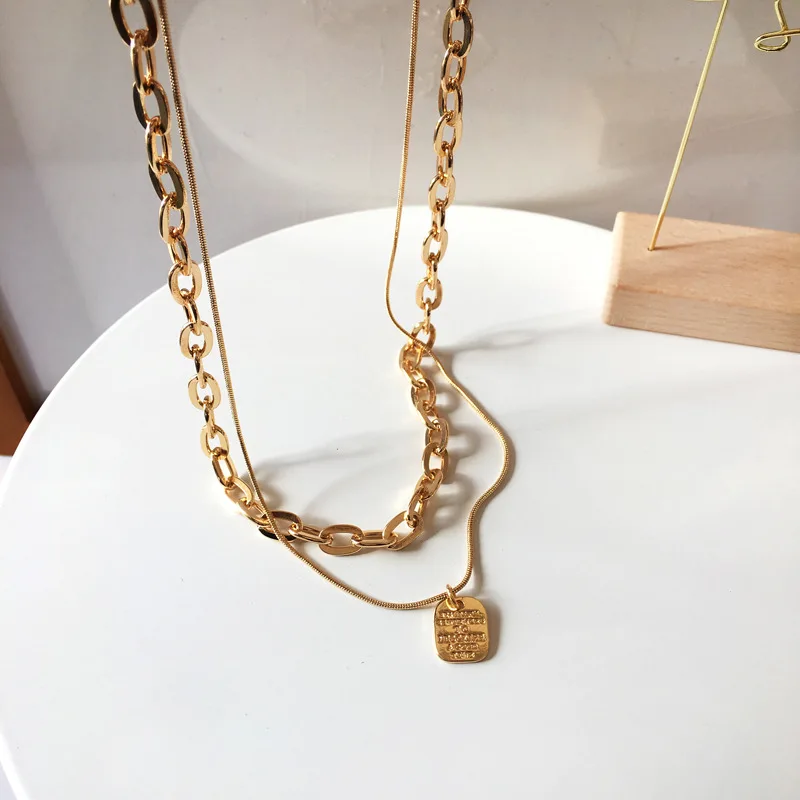 Stainless steel Double Chain Letter Square Pendant Short Necklace For Woman Korean Fashion Jewelry Gothic Girl's Choker Chain - Image 5