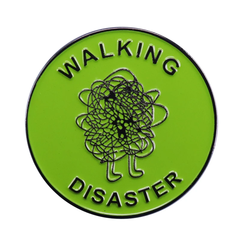 

Walking disaster button lapel pin green hot mess brooch funny flair accessory