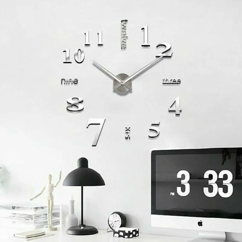 US DIY 3D Mirror Surface Large Number Wall Clock Sticker Modern Home Decor HOT