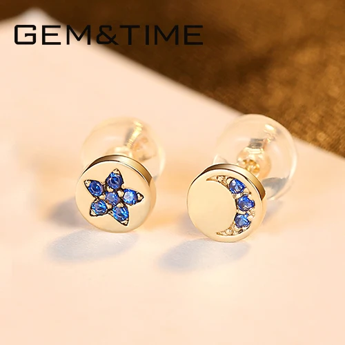 Gem& Time, серьги-гвоздики с сапфиром и звездами и луной, подлинные серьги из золота 14 к для женщин, Серьги с драгоценными камнями Au585 Bijoux En Or Pur E14926 - Цвет камня: Синий