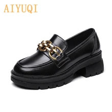 

AIYUQI Loafers Ladies Black Platform Spring Genuine Leather Chunky Women Footwear Chain Slip on Shoes For Women