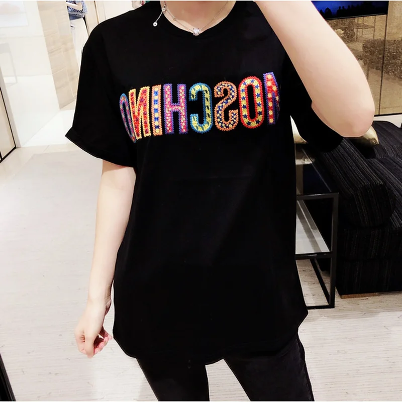 

T-Shirt Women Embroidery Short Sleeve Black White 2019 Spring Summer Casual Letter Harajuku Tshirt shirt women