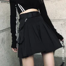 Облегающая плиссированная юбка с высокой талией в стиле панк-рок, черная мини-юбка для женщин, осенняя и зимняя одежда с боковыми карманами, готические юбки
