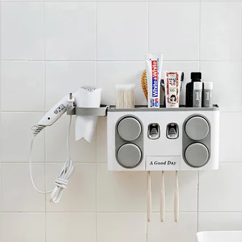 

Automatic Toothbrush Holder Toothpaste Dispenser 4 Cups Storage Shelf Bathroom porta escova de dente Wall Mounted HairDryer Rack