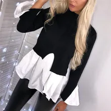 Женские весенне-осенние Топы, женские модные повседневные топы с высоким воротником, с рюшами, с длинным рукавом, с оборками, с подолом, асимметричные топы 5