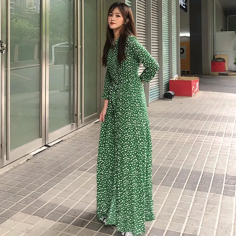 Женское платье с леопардовым принтом Boho Зеленое Платье макси длинным рукавом