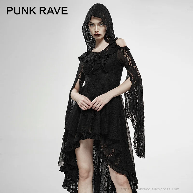 PUNK RAVE Women's Gothic Wilderness Witch Lace Irregular Long Sleeve Dress Gorgeous Dark Mesh Sexy Hooded Dress 2 Colors