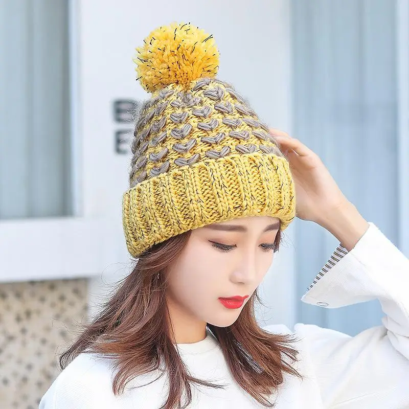 

Winter Hat for Women Cute Thicken Knitting Beanie Ear Protection Letter Wool Ball Warm Hat Bonnet Cap